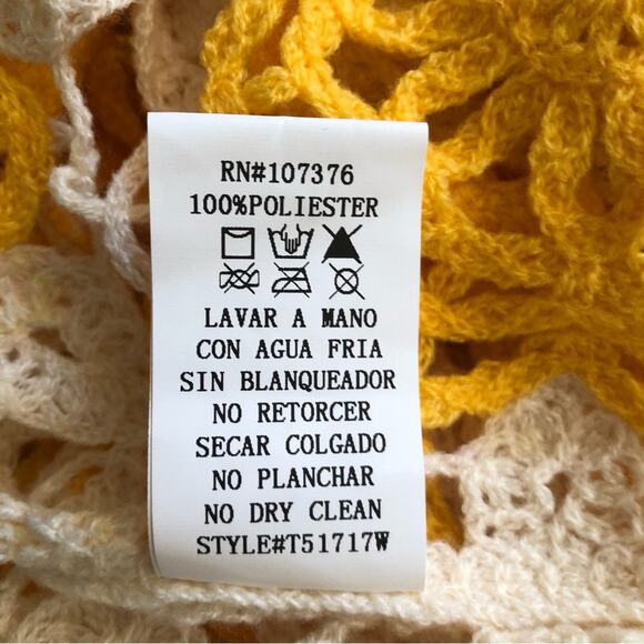 Available NWT Feminine Golden Yellow Ivory Print Oversized Crop Crochet Top O/S - Picture 12 of 15